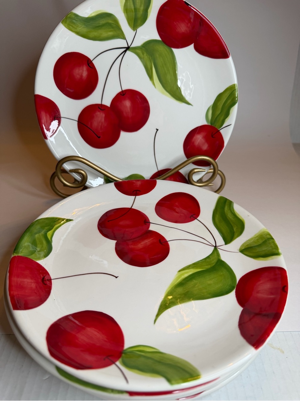 Set of  Harry & David Cherries Luncheon Plates Hand-painted Ceramic 9” Vintage